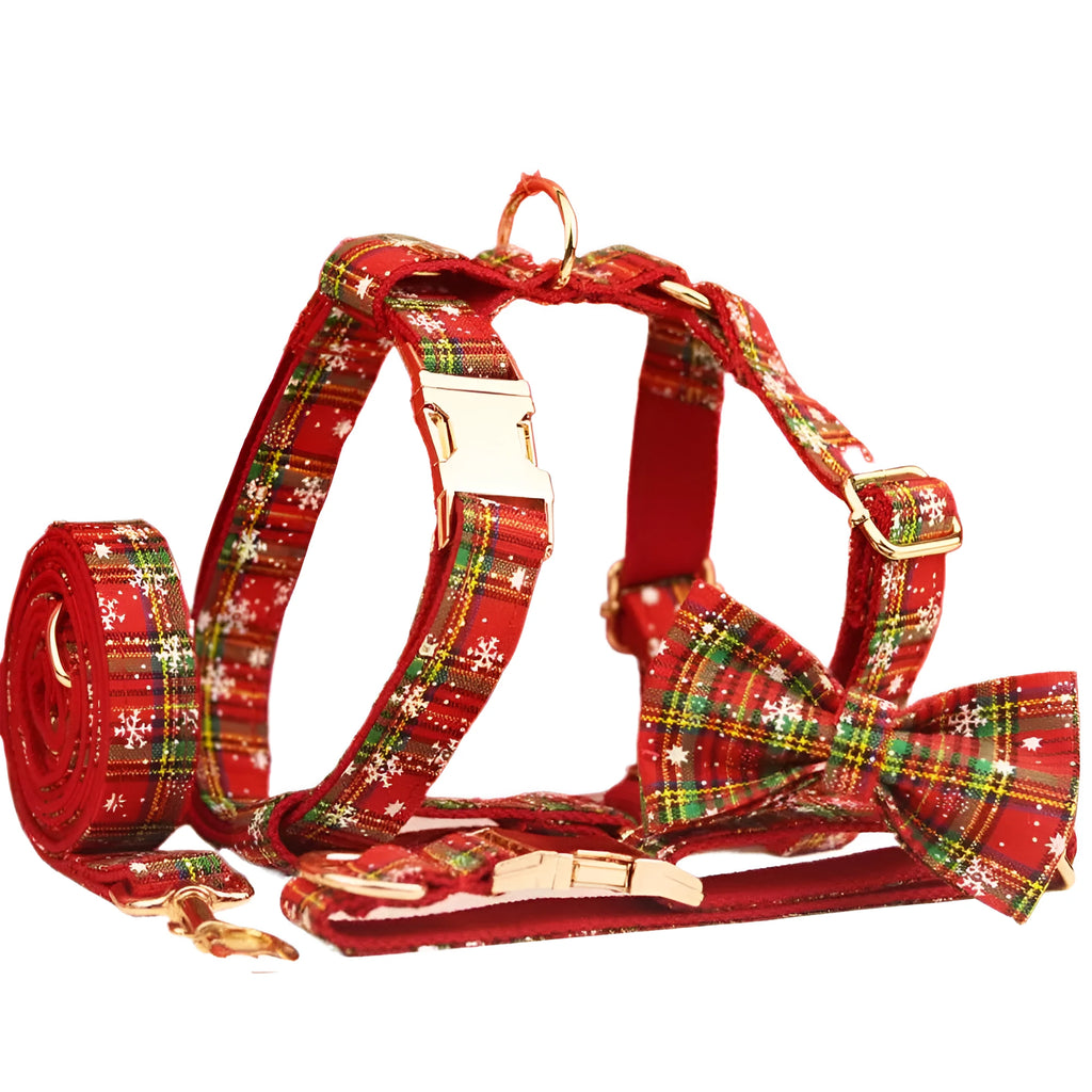 Red snowflake Christmas pet collar set with plaid rope leash and bowknot flowers on cloth vest for small dogs