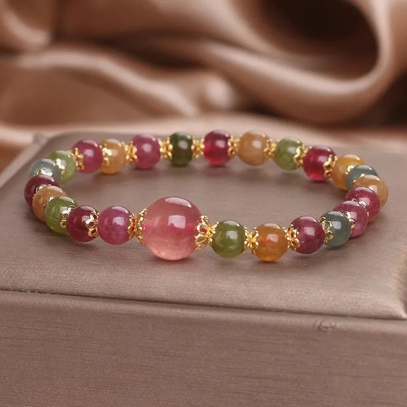 Natural tourmaline and strawberry quartz round bead bracelet, 10mm unisex handmade gift