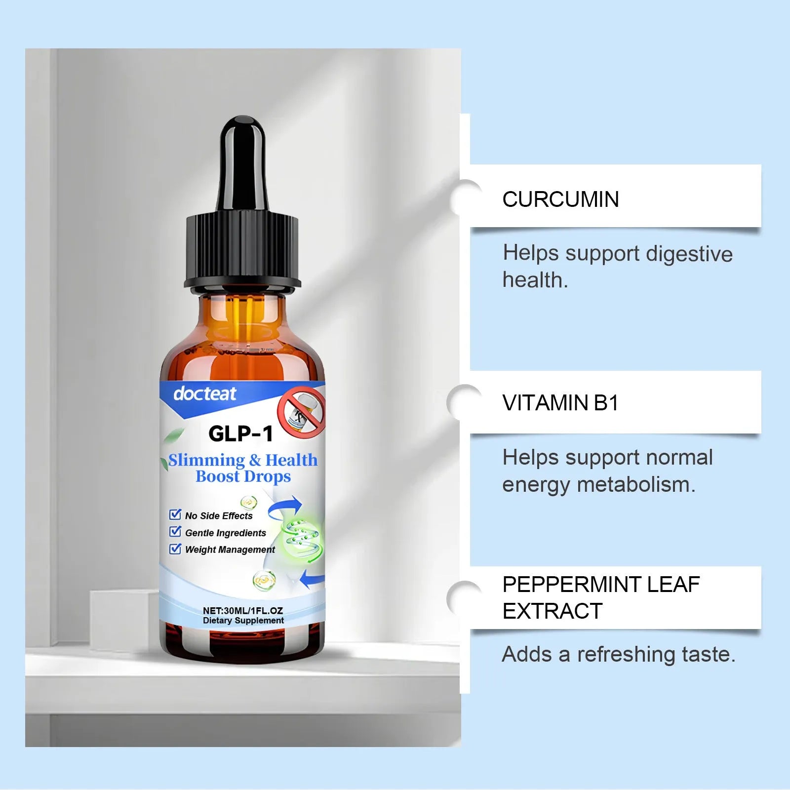 30ml dropper bottle of Traditional Chinese Medicine intestinal care liquid with Vitamin B1 and curcumin