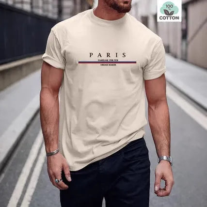 Men's loose fit pure cotton short-sleeved T-shirt with letter printing in apricot colour