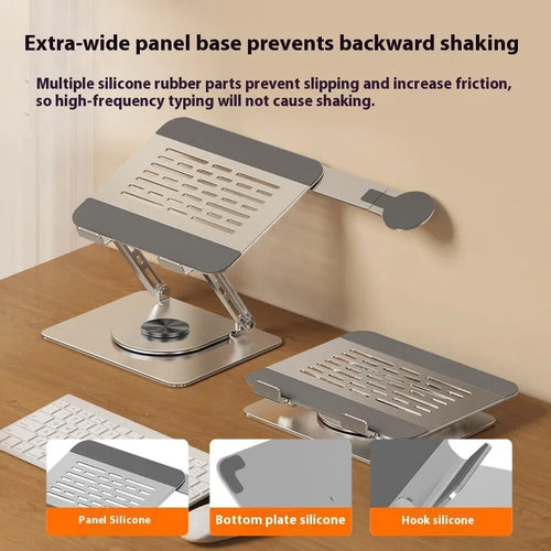 Silver carbon steel laptop stand with rotating base and side-mounted magnetic phone holder