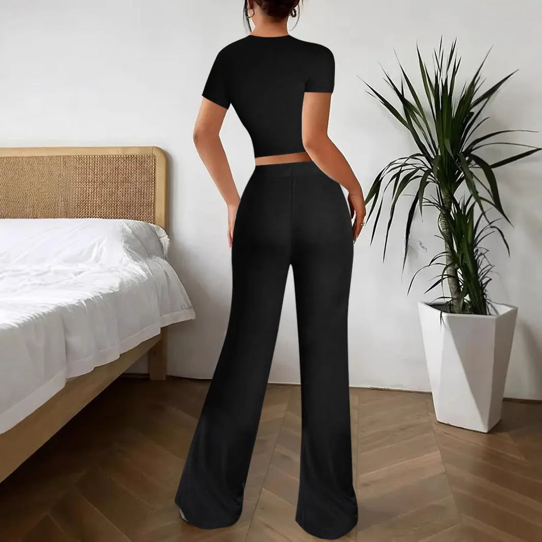Black high waist trousers and short sleeve t-shirt women's suit set