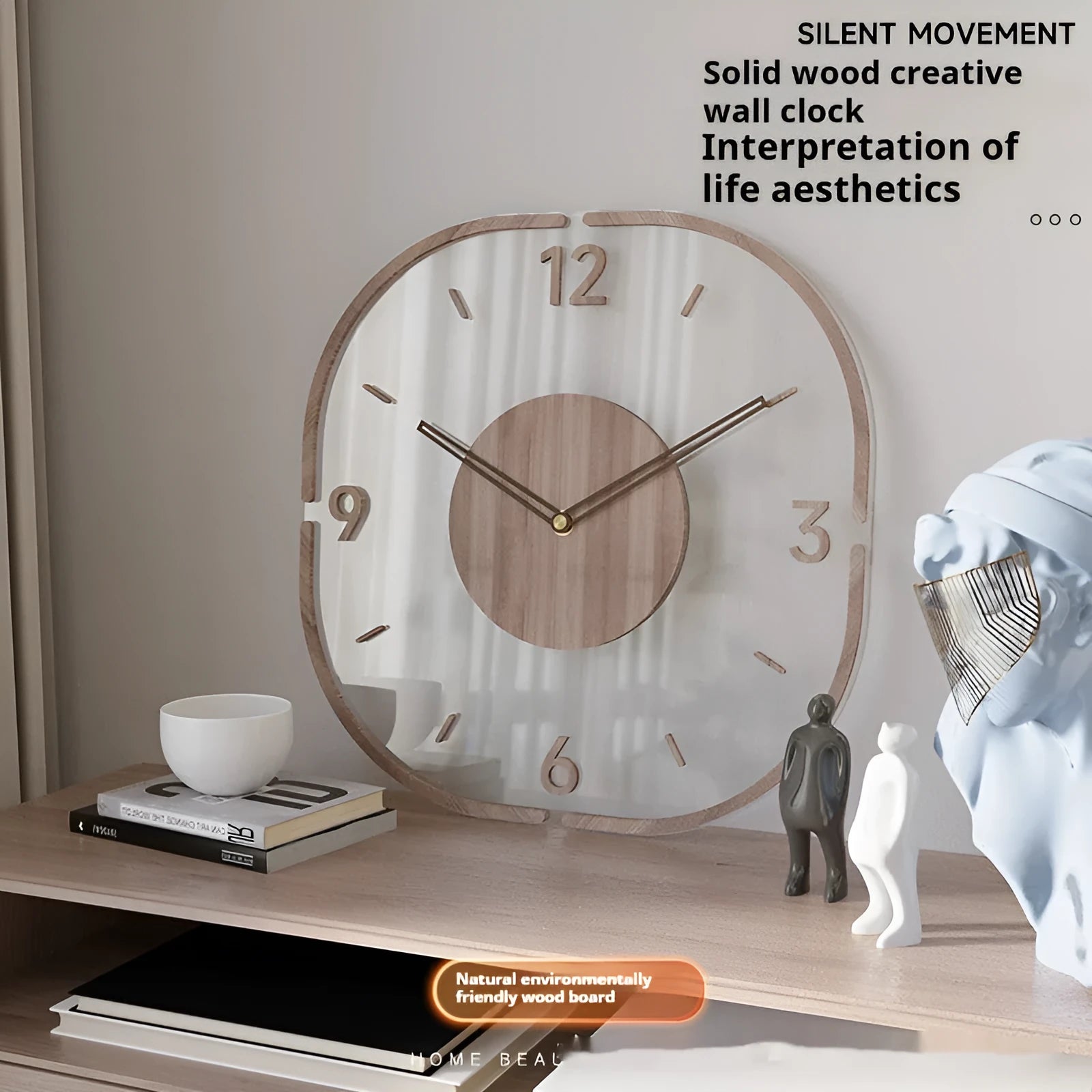Transparent wooden frame wall clock with clear glass face and black Roman numerals