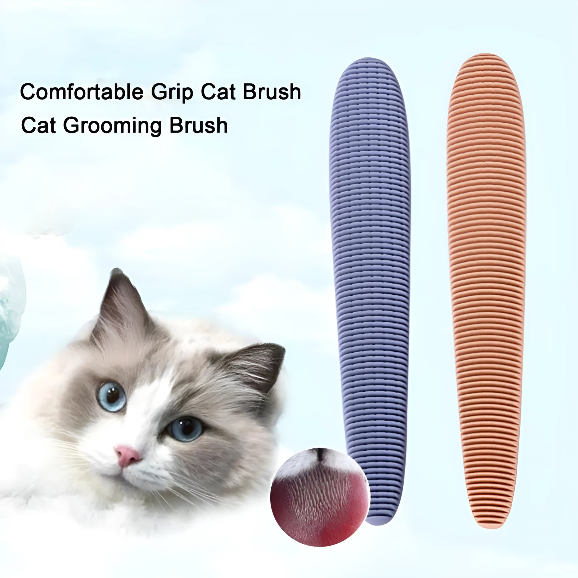 Gray cat comb with tongue massage design and narrow and wide ends, 21cm length, on a white background