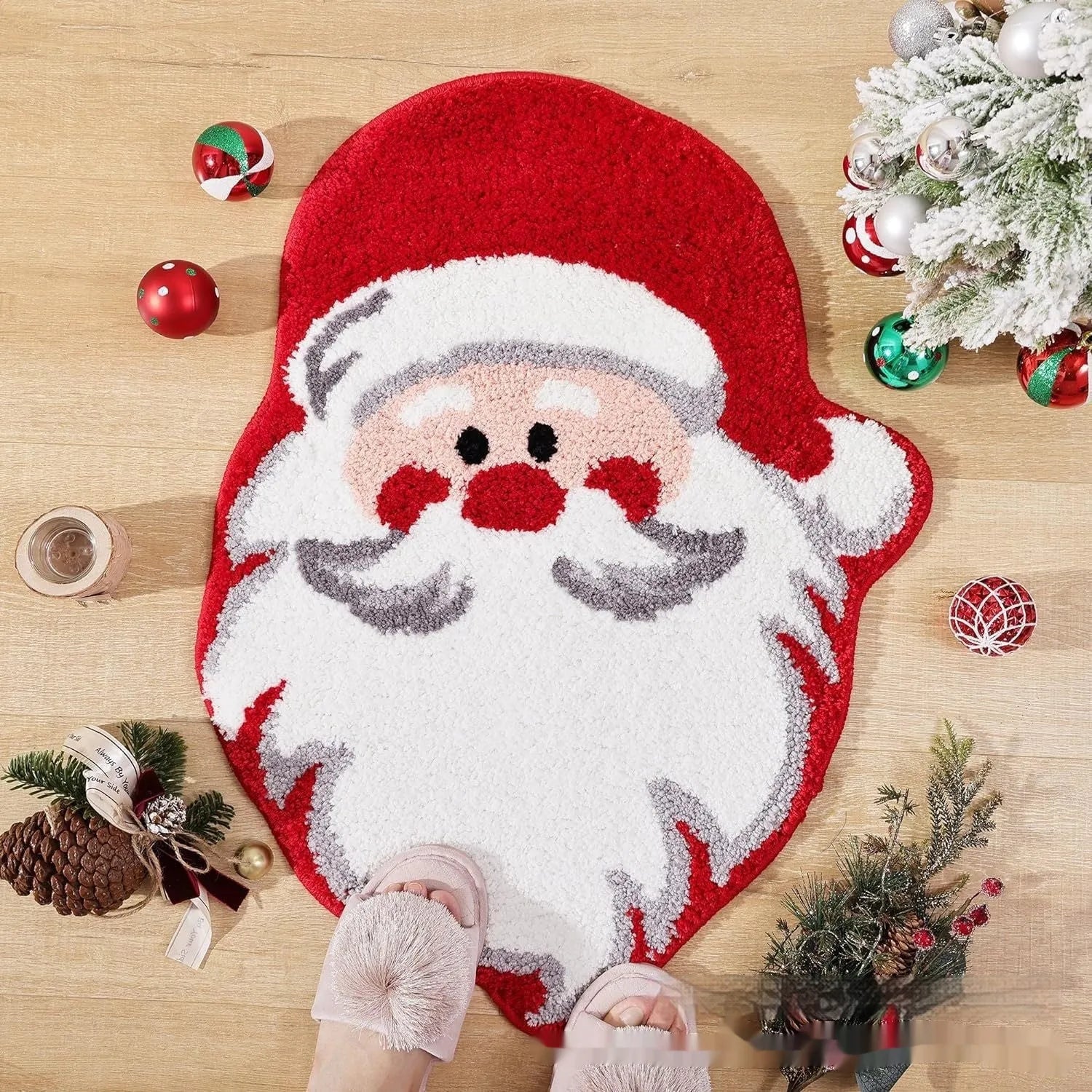 Christmas-themed hallway runner mat with printed geometric and festive patterns on polyester pile