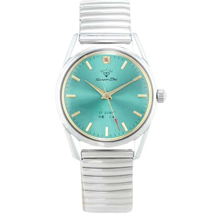 Shanghai Diamond men's watch with green dial, quartz movement, and 38mm alloy case on a black leather strap
