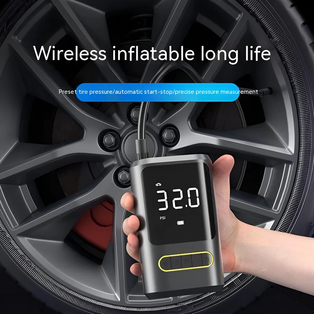 Handheld wireless digital display air pump with LED light and assortment of air nozzles
