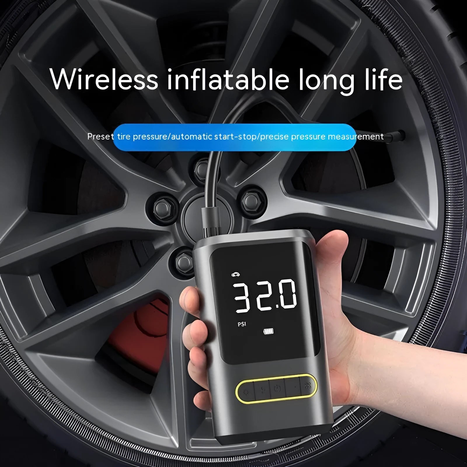 Handheld wireless digital display air pump with LED light and assortment of air nozzles