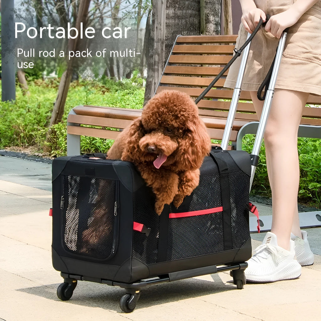 Portable polyester pet trolley bag in black for cats and dogs, folding design, 30lb capacity, suitable for car travel