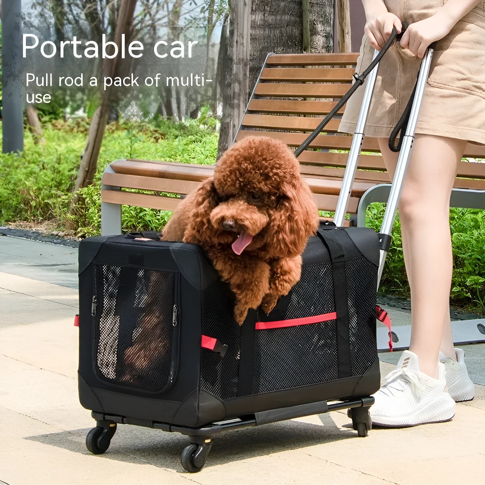 Portable polyester pet trolley bag in black for cats and dogs, folding design, 30lb capacity, suitable for car travel