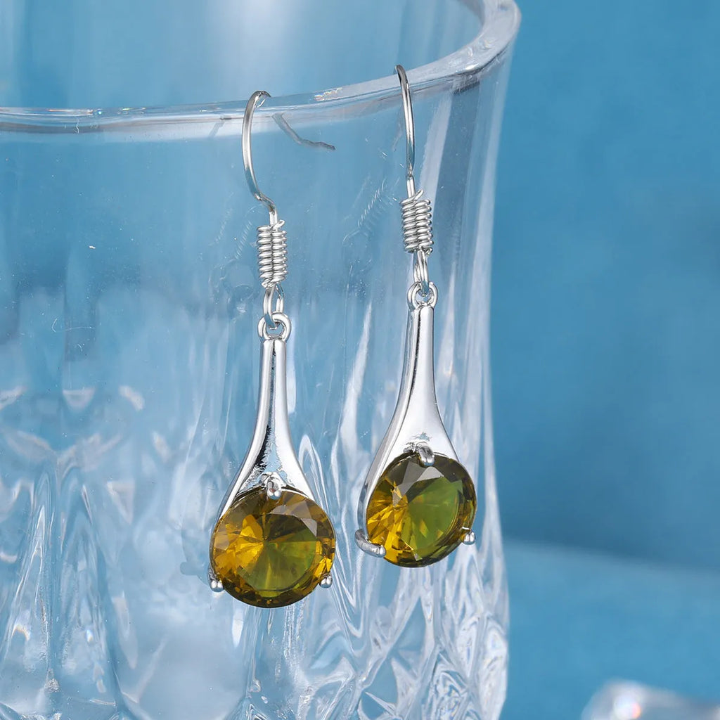 Olive green topaz alloy earrings with water drop shape and electroplated finish