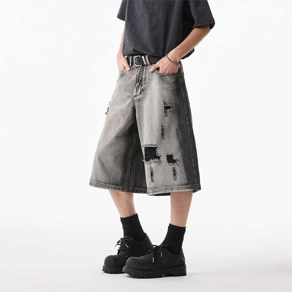 High Street Water Washed Hole Denim Shorts in gray, loose cropped fit, cotton fabric, for summer
