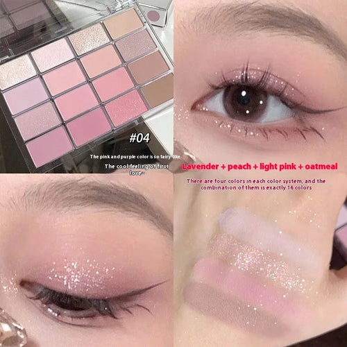 16 colour eyeshadow plate with shimmer and matte finishes in pink and brown shades