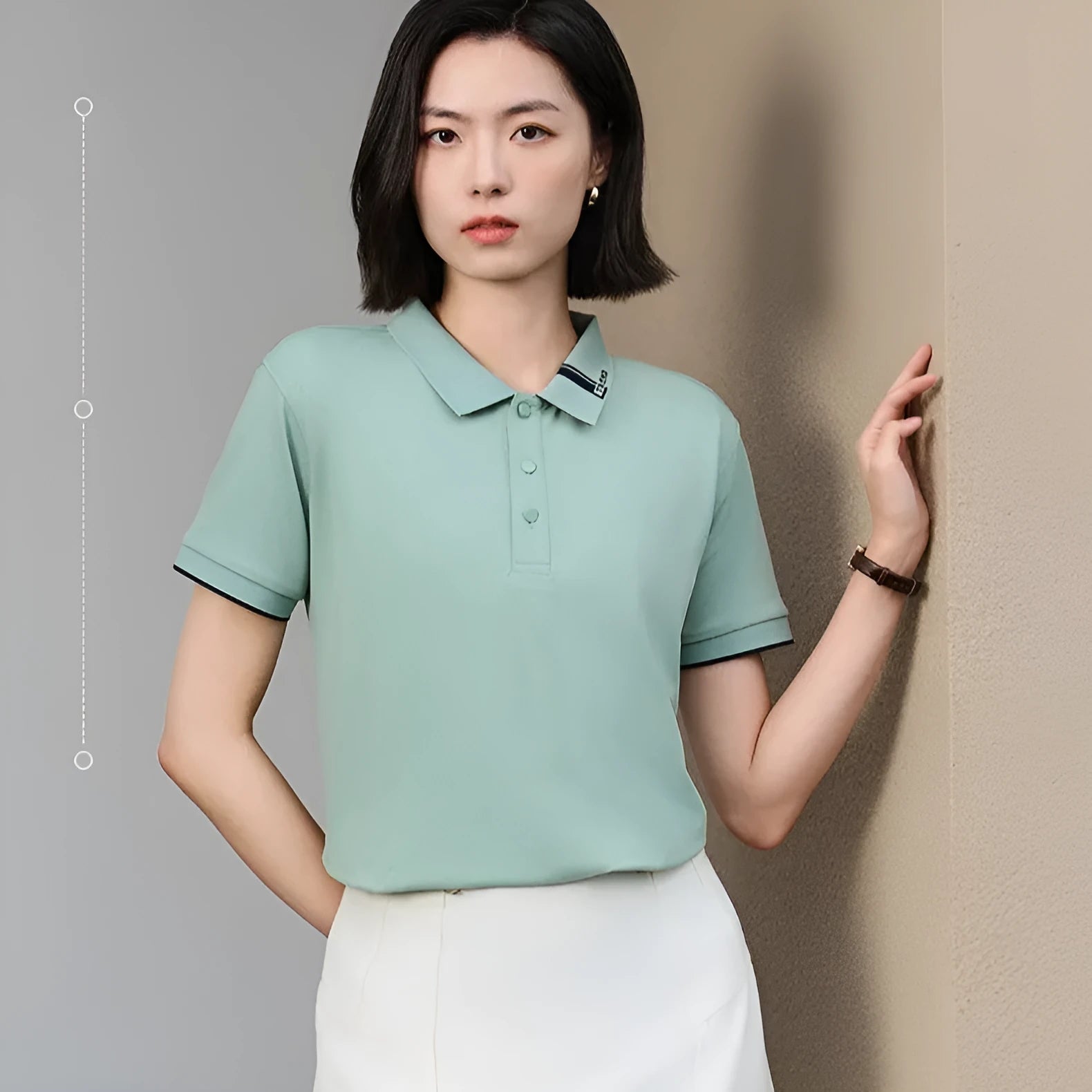 Women's cotton blend letter print lapel polo shirt in light blue, loose fit short sleeves