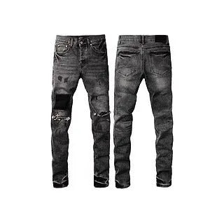 Black men's retro slim fit stretch jeans with button fly, straight leg pencil cut, cotton fabric, size 28-40