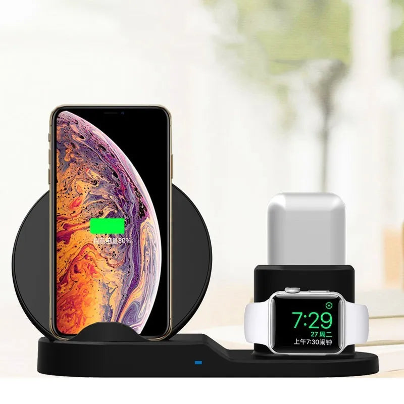 Black three-in-one wireless charger station with phone pad and watch output on a desk, 10W fast charging