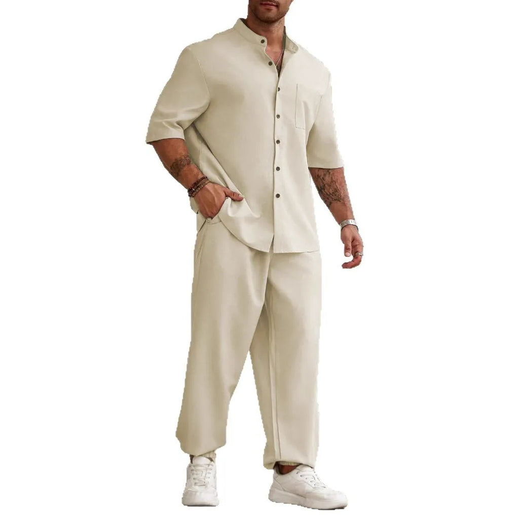 Men's apricot cotton linen casual short sleeve shirt and long trousers set laid flat.