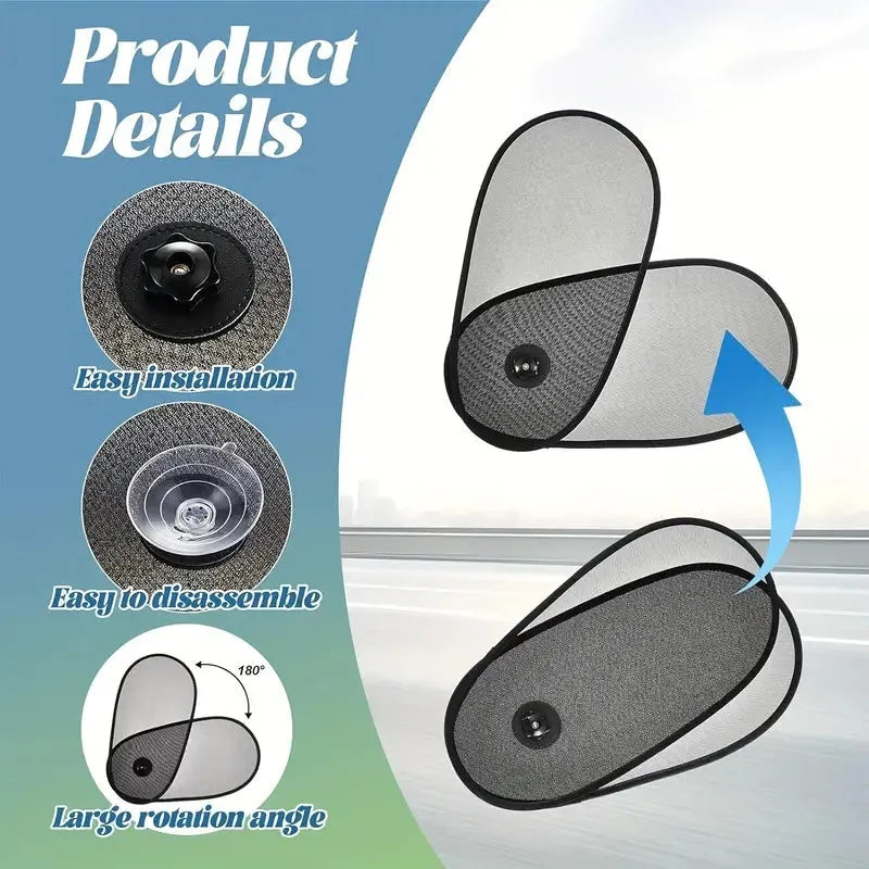 Black stretchy car window shade for baby with suction cups attached to a car side window