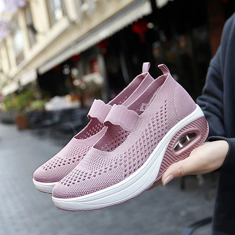 Women's slip-on mesh shoes in beige, round toe, low heel, casual style on neutral background