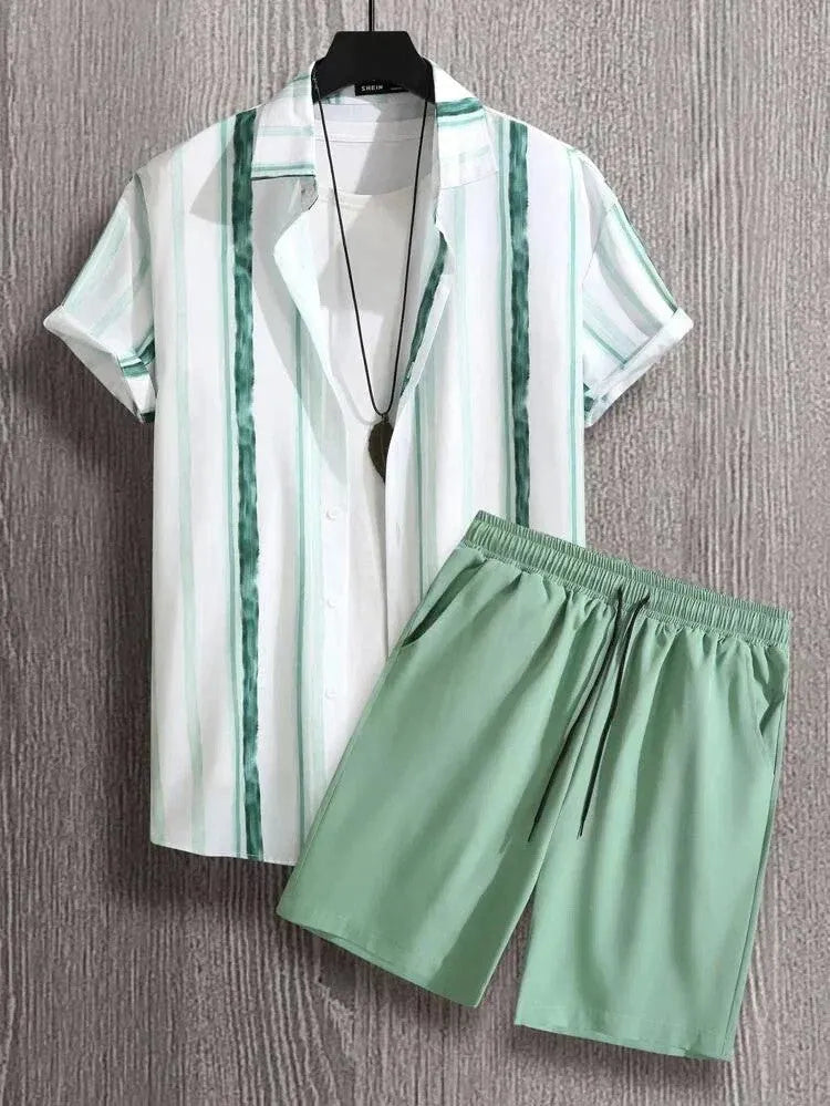 Men's beach style short sleeve shirt and shorts set in polyester fibre, size S to 4XL, multiple colours.