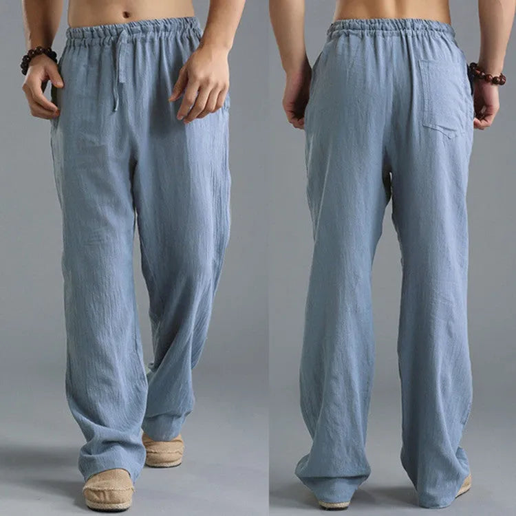 Men's breathable linen loose casual sports pants in khaki with elastic waistband, available in sizes S to 5XL