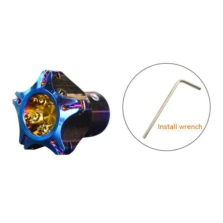 Motorcycle key modification accessories showing hexagon, five-pointed star, and plum blossom T6 aluminium alloy key heads with blue and white keychains