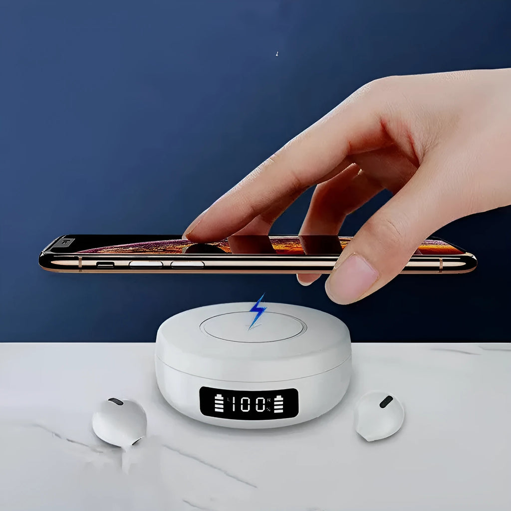 Mini black and white semi-in-ear wireless headphones with their wireless charging compartment.