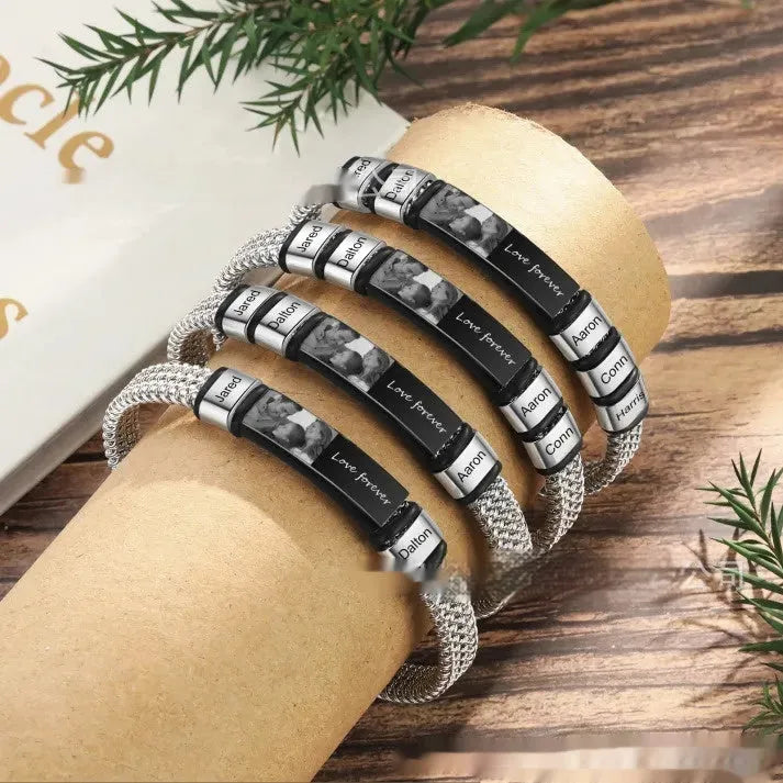 Titanium steel men's bracelet with leather rope and engraved letter beads