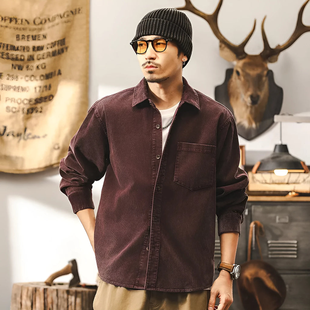 Men's black retro corduroy shirt with long sleeves and loose fit