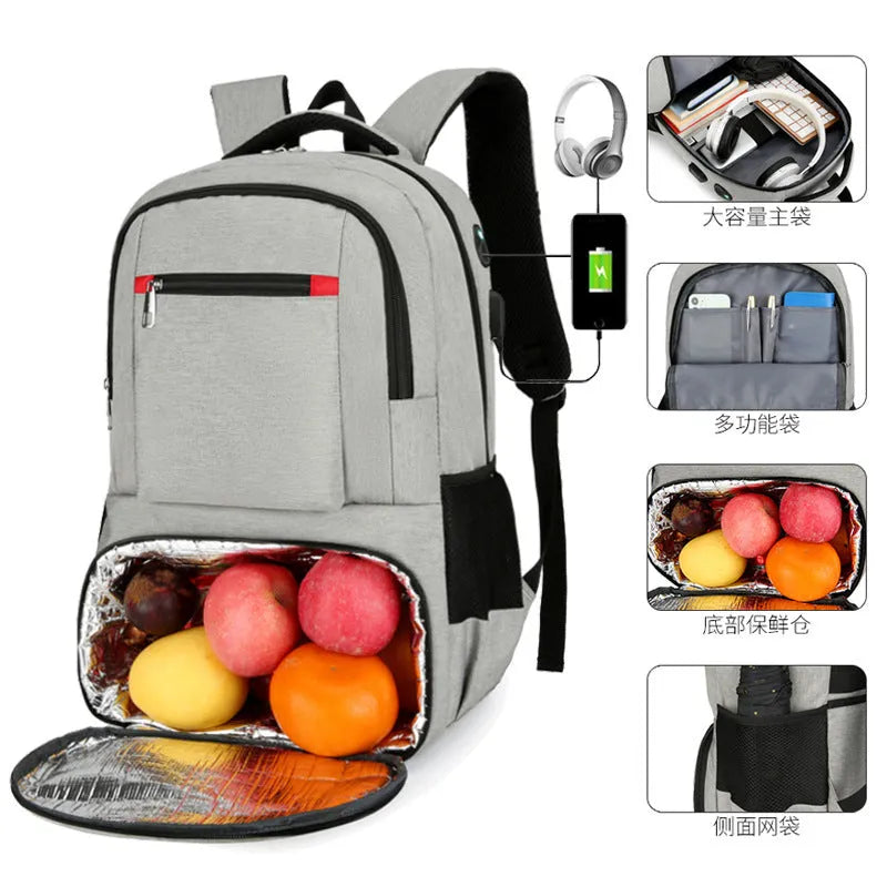 Light grey insulated Oxford cloth backpack with curved shoulder straps and pull rod belt for travel