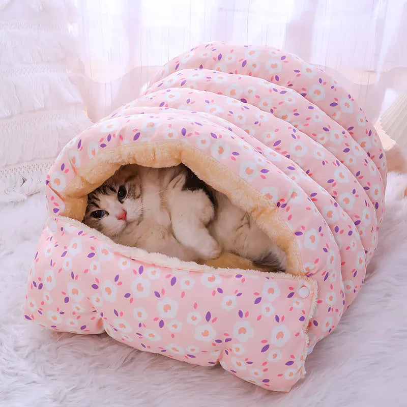 Winter warm closed cat nest in pink floral pattern with removable cover, suitable for cats under 15kg, made of cloth