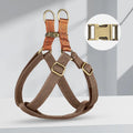 Brown vest-style dog leash with cotton and nylon construction and alloy fastener