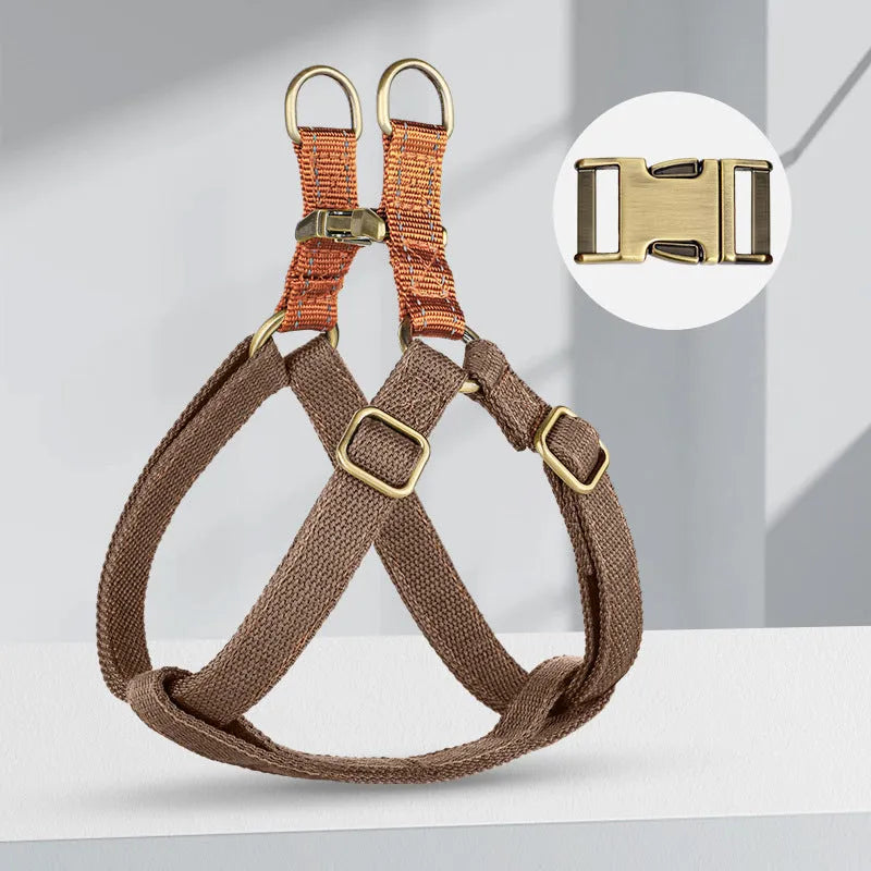 Brown vest-style dog leash with cotton and nylon construction and alloy fastener
