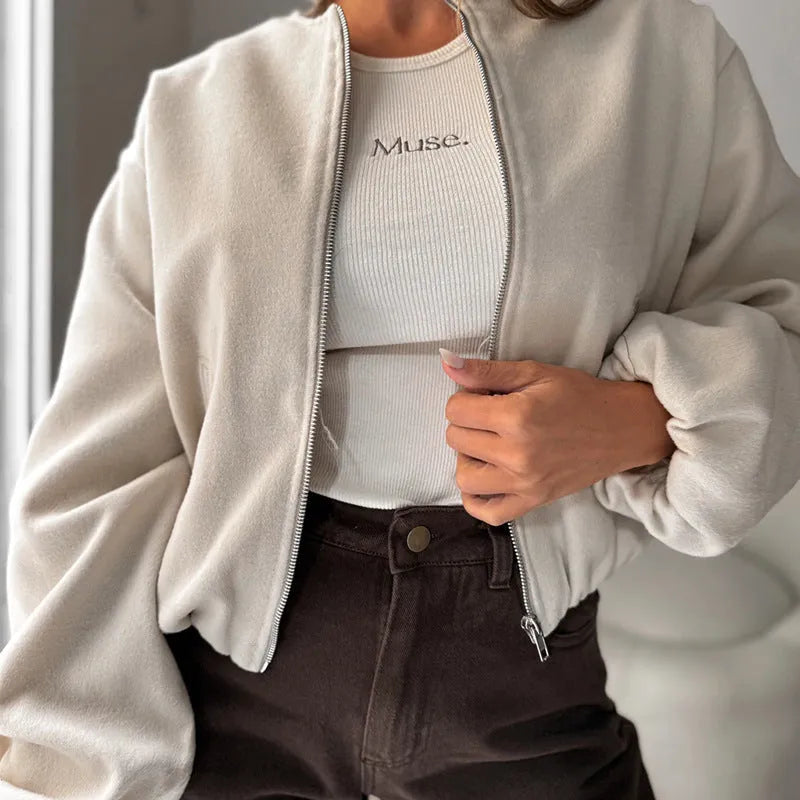 Women's off-shoulder short coat with lantern sleeves in polyester fabric, milky white colour option
