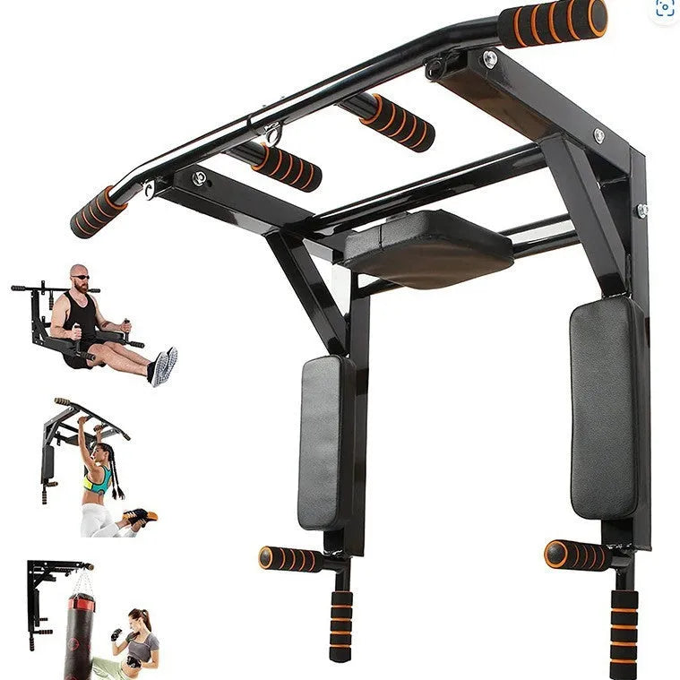 Black wall-mounted steel fitness rack with sandbag holder and single parallel bars for pull-ups