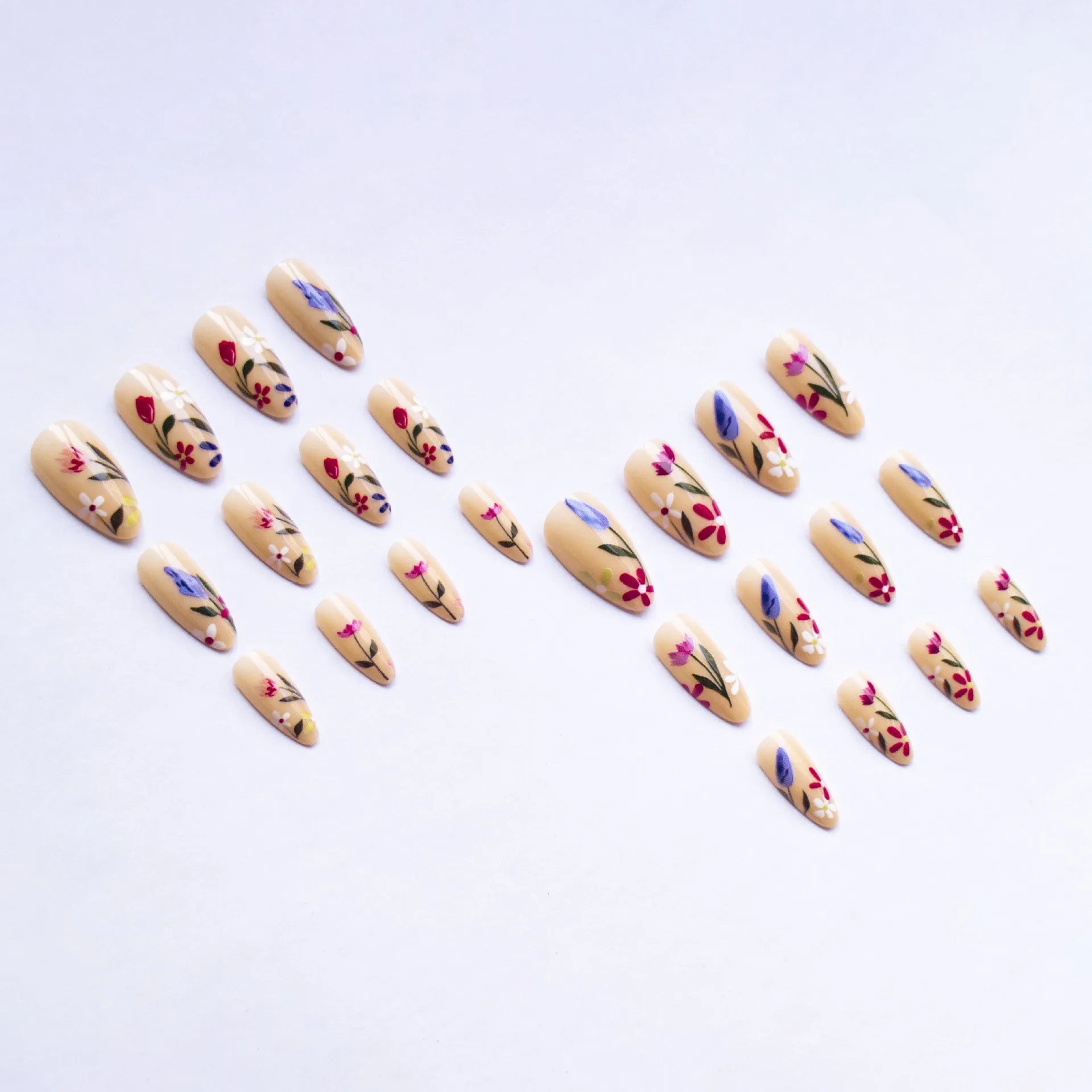 European and American almond-shaped removable flower wear nail art set with rose tulip floral pattern in solid colour