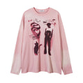 Women's loose grey pullover top with drop shoulders and letter pattern, long sleeves
