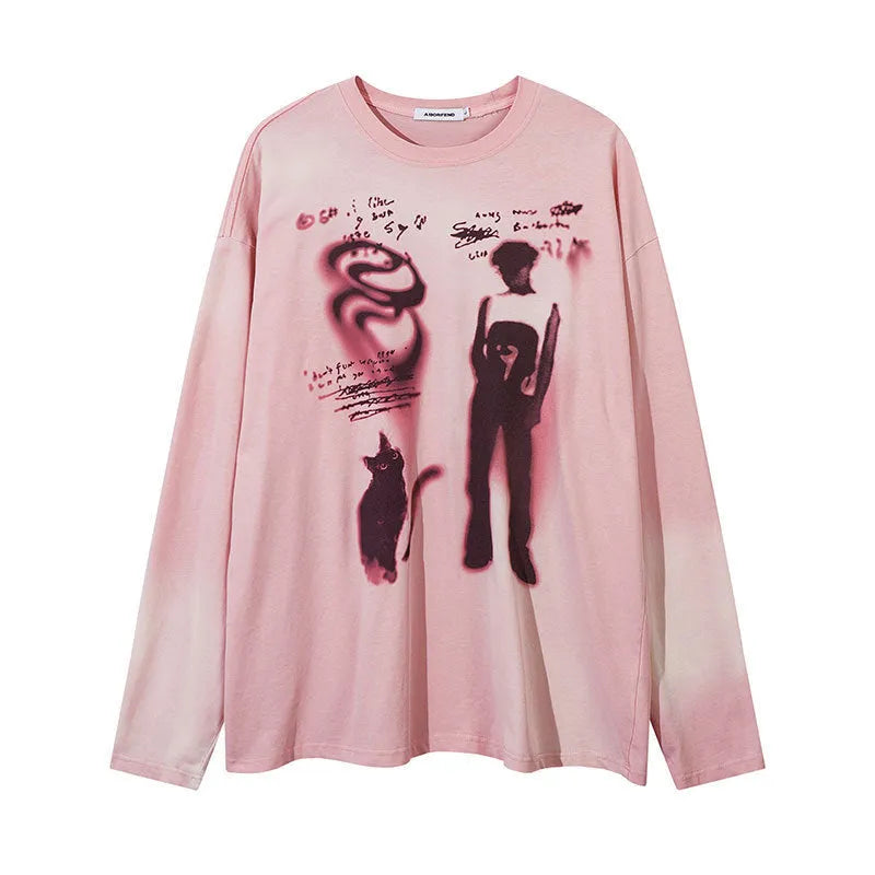 Women's loose grey pullover top with drop shoulders and letter pattern, long sleeves