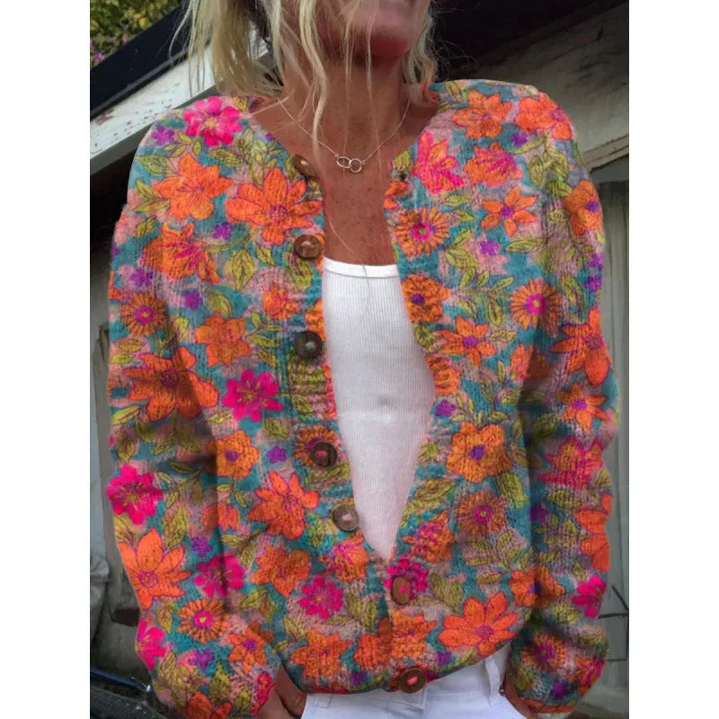 Digital printing cardigan knitted coat with 3D yellow pattern, regular sleeves, polyester fabric, side view