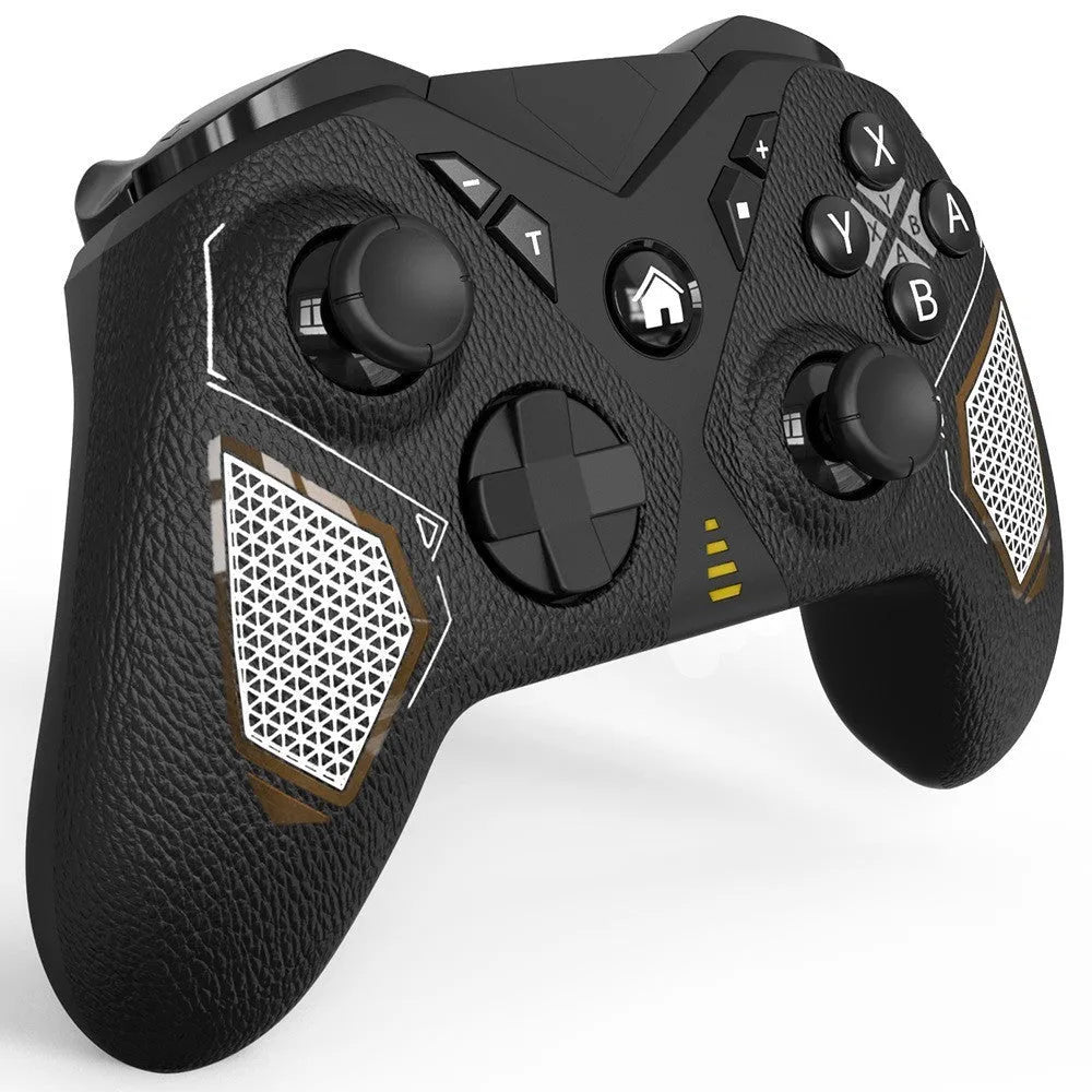 Black wireless Bluetooth game controller with leather-textured finish for Nintendo Switch, smartphones, and PC gaming