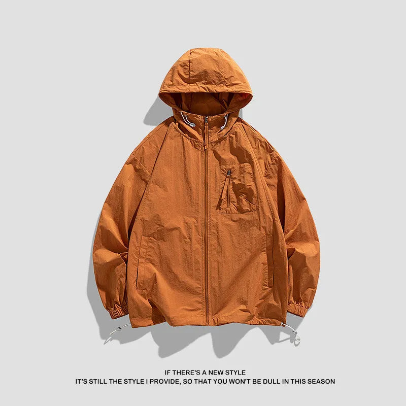 Lightweight hooded sun protection jacket in caramel colour for men and women, Spandex and Lycra fabric