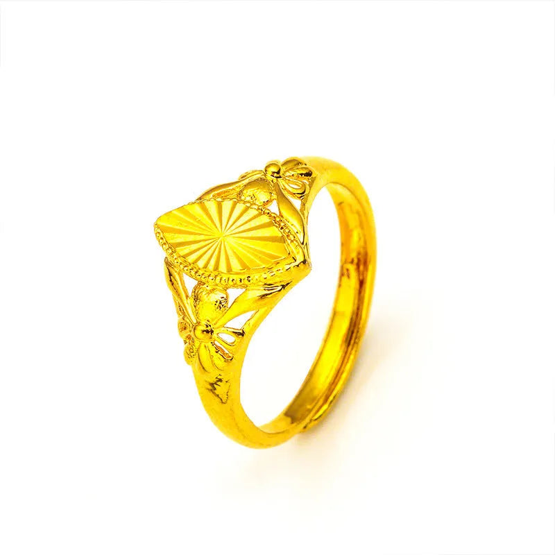 Alluvial gold electroplated brass ring with open diamond floral geometric design and textured band