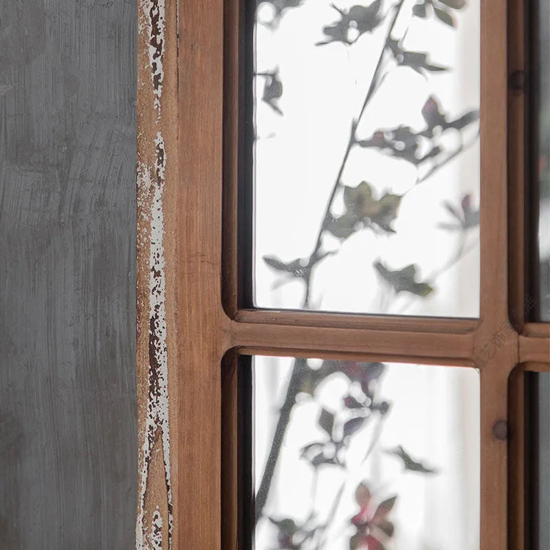 Terrace distressed fake window style wall mirror with wooden frame and glass, log colour finish, A316 design.