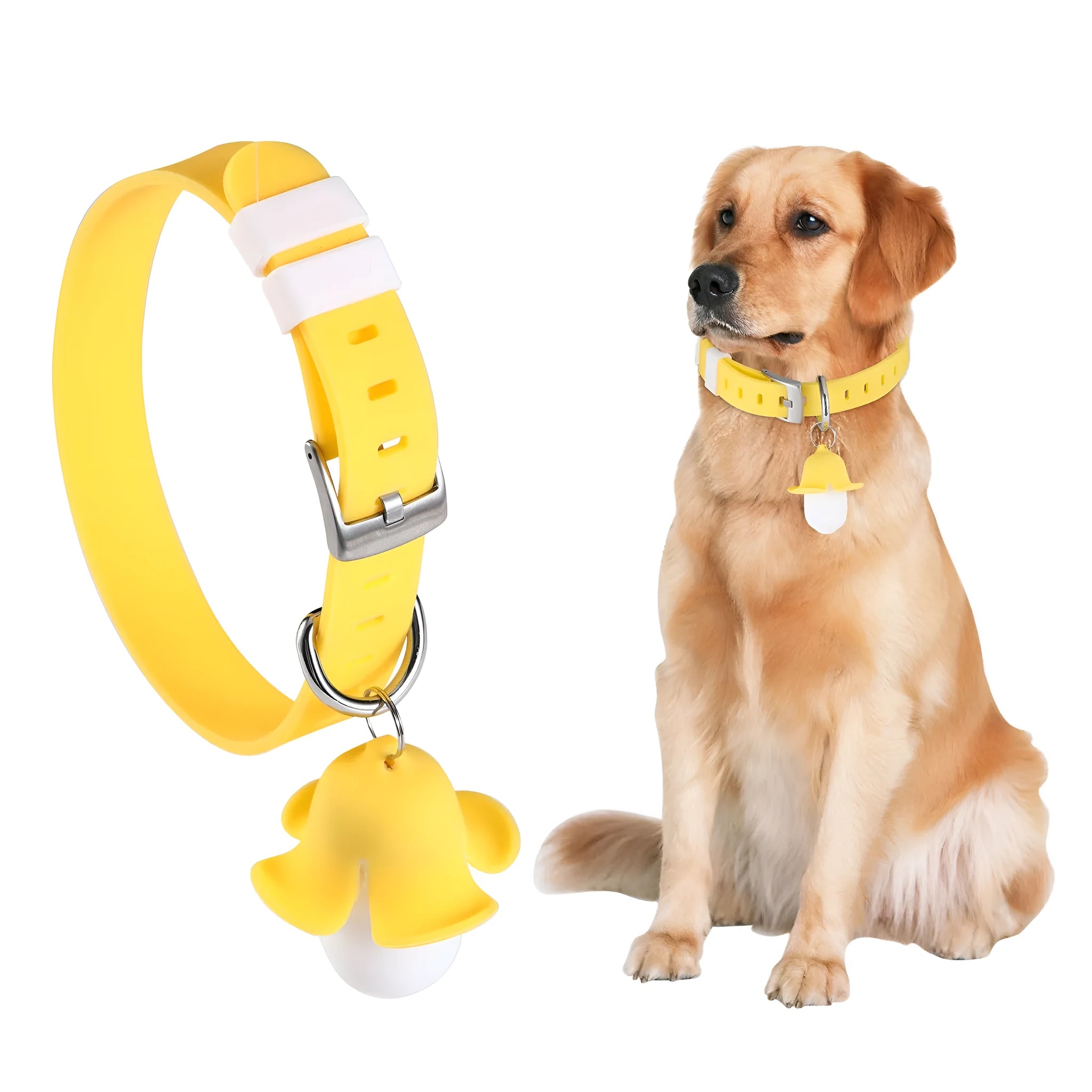 USB rechargeable banana-shaped luminous dog collar light in yellow with silicone construction and geometry pattern