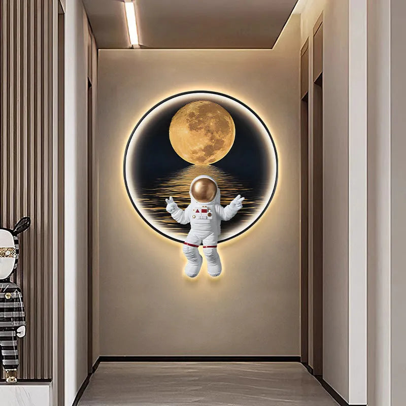 Canvas spaceman wall painting bedside lamp with USB cable in small size modern children's room decor