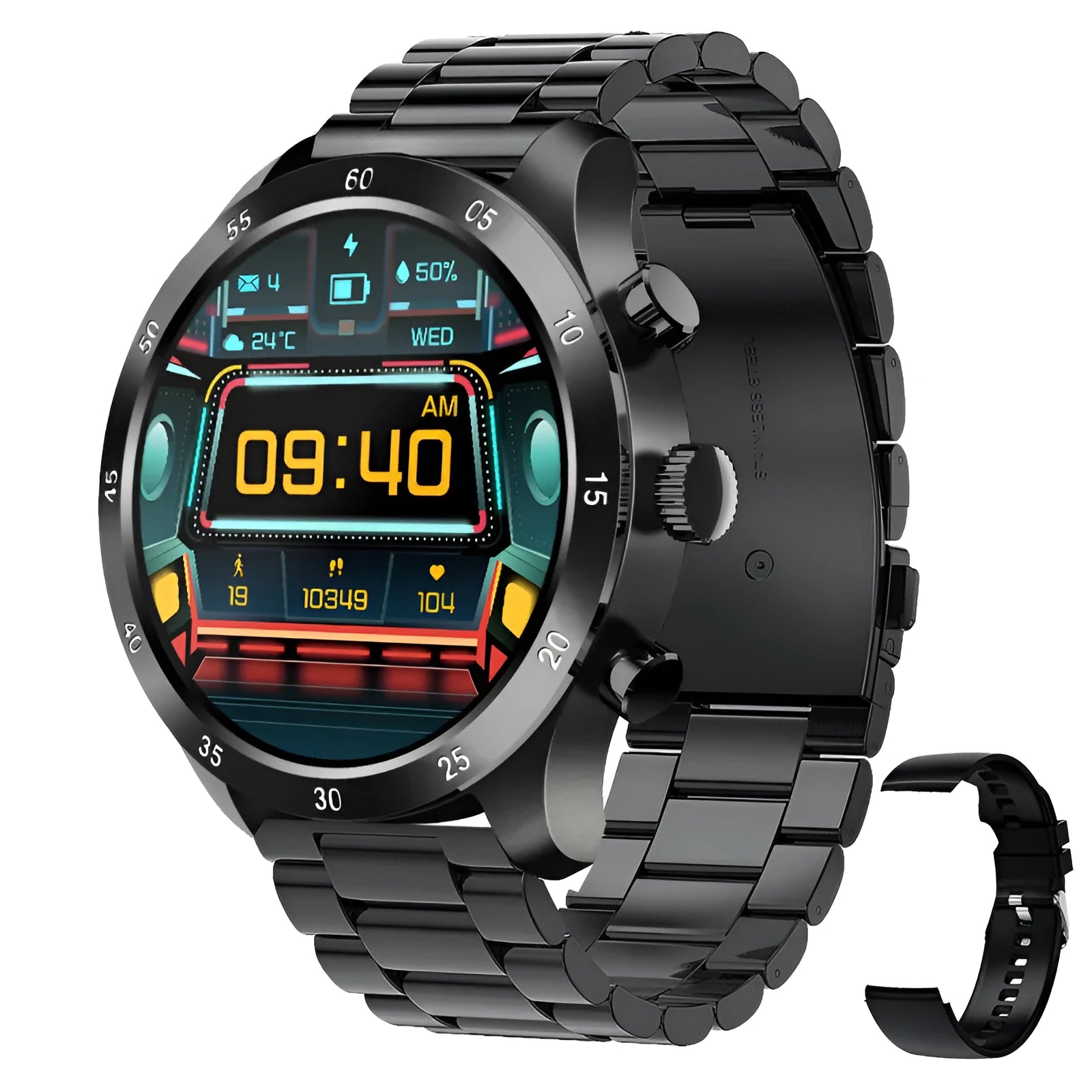 Black steel Bluetooth smart watch on wrist showing call interface
