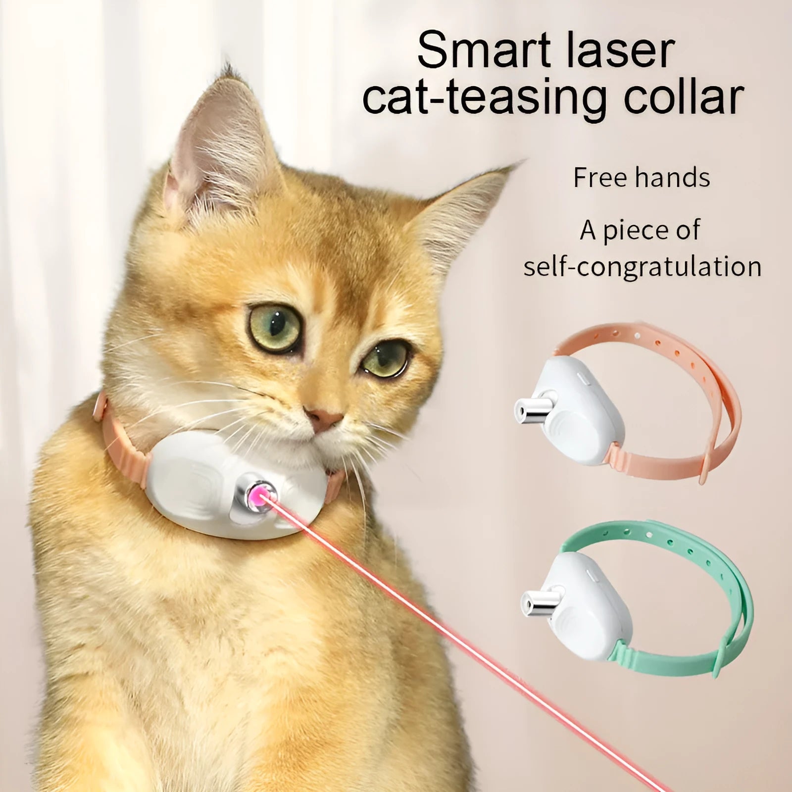 USB rechargeable interactive laser cat teasing collar for self entertainment, Green colour, on a cat