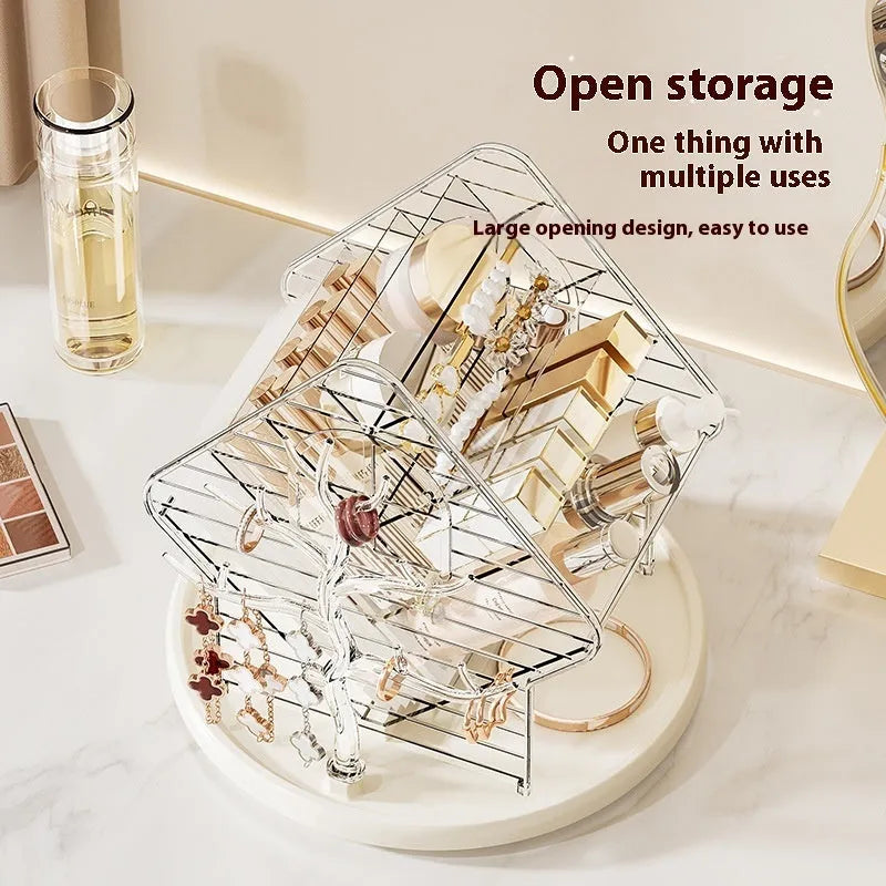 Rotating cosmetics storage box showing 360° rotation mechanism in clear and amber gold colour options