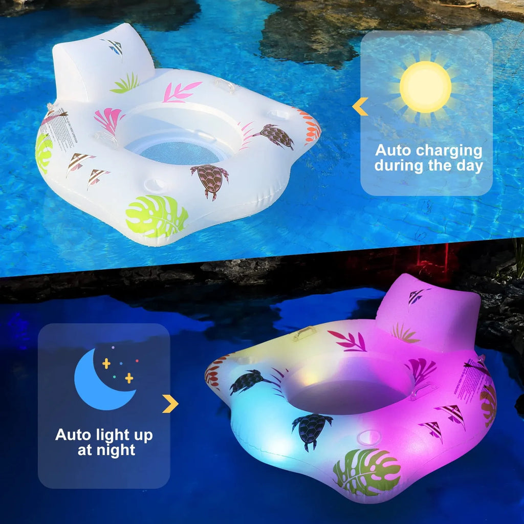 White luminous U-shaped inflatable float showing 120cm dimensions and seat design