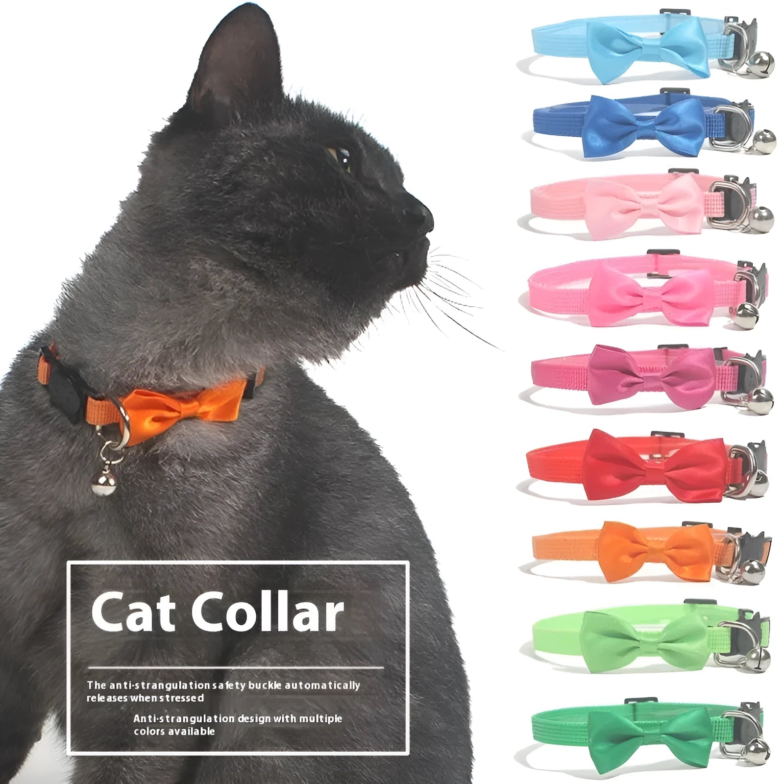Striped adjustable nylon cat collar with bell in multiple colour options